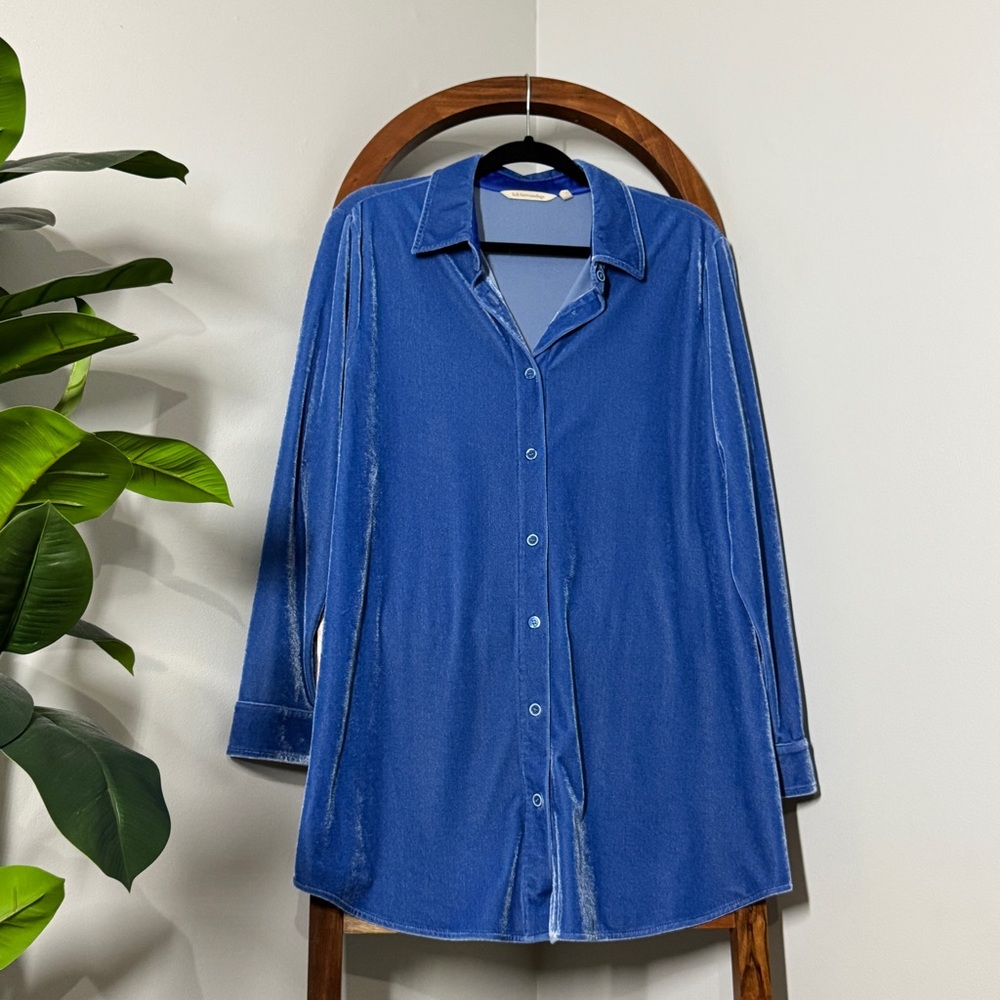 Soft Surroundings LARGE Blue Stretch Velvet Boyfriend Tunic Button Down Shirt